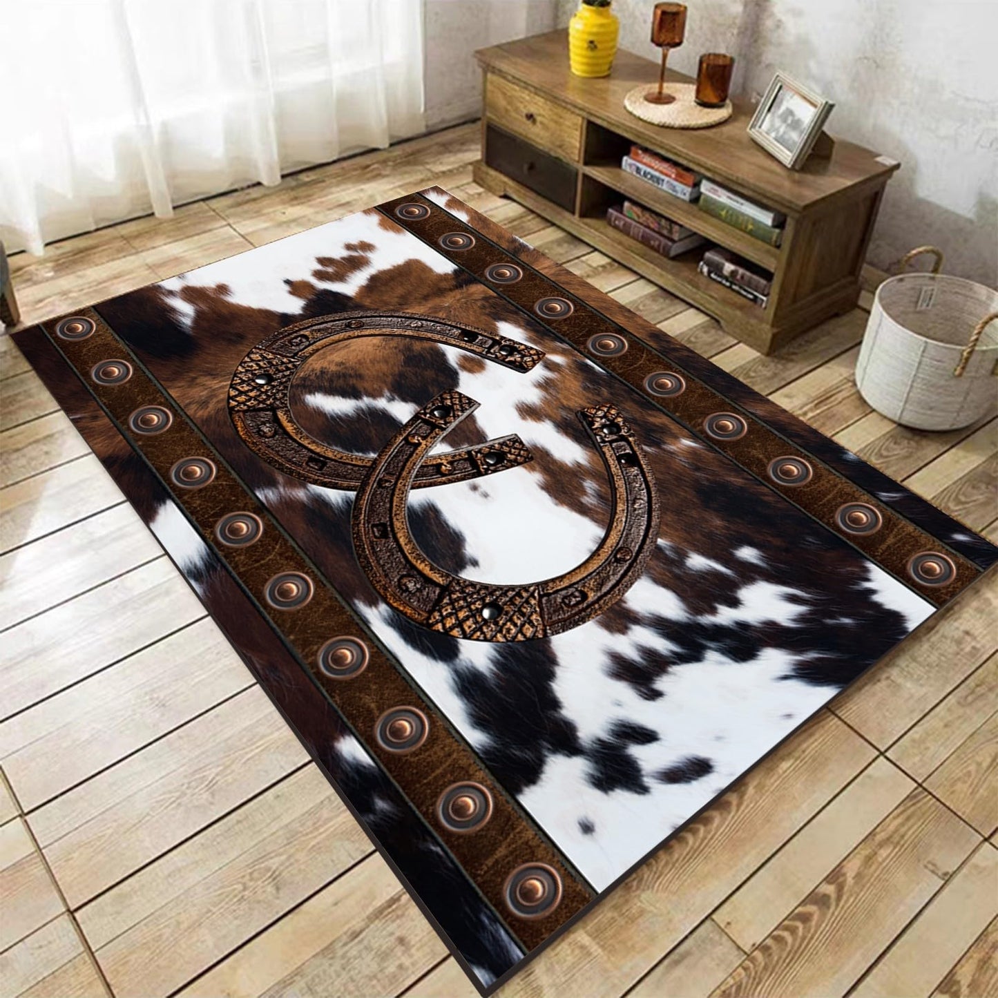 Western Rugs for Living Room, 3x4ft,Southwestern Native American Aztec Rugs,Rustic Horseshoe Brown Cow Print Rug,Boho Western Decor Carpet, for Bedroom Dining Room Non Slip Cowhide Rug