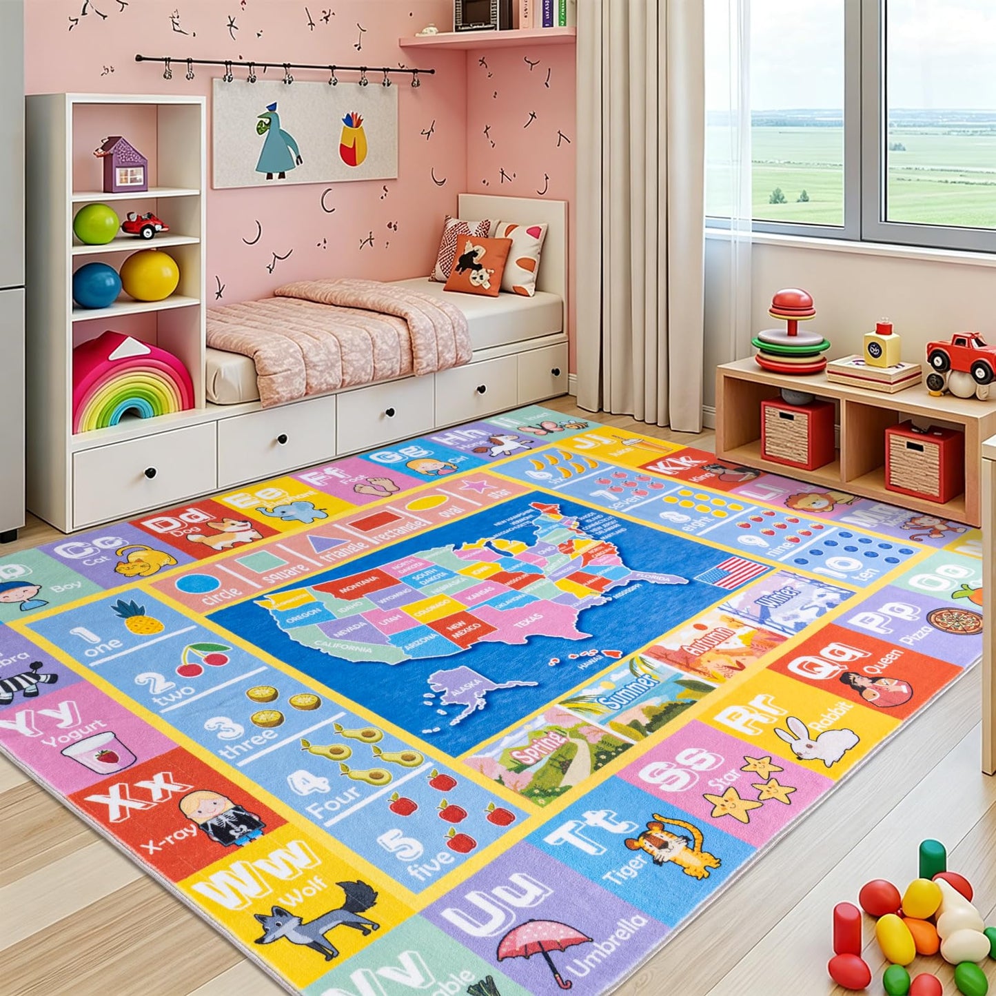 OHDS Kids Rugs for Playroom - Soft & Non-Slip 8x10 Feet Educational Rug for Learning ABC Alphabet, Numbers, Shapes & Map, Washable Classroom Rug for Toddler Nursery & Kids Room Decor