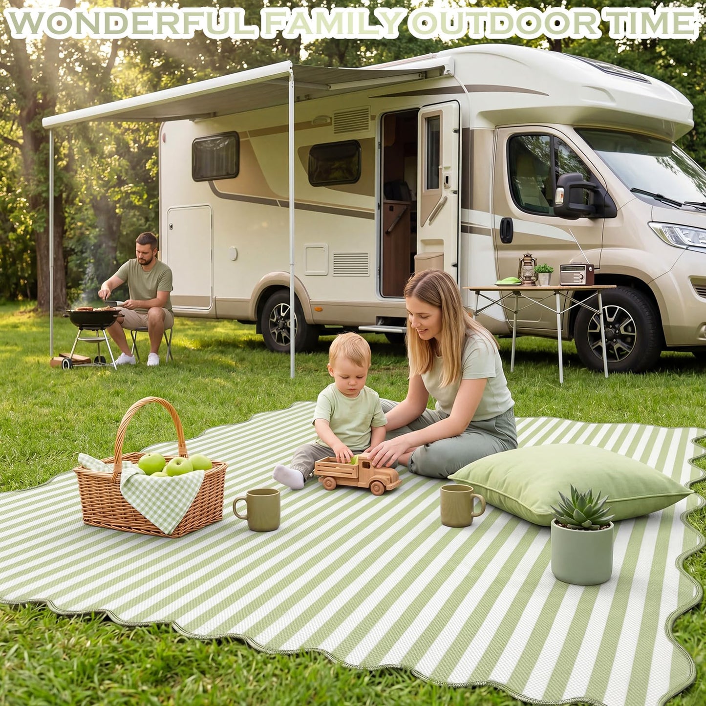 Klyyo Clyro Green Scalloped Outdoor Plastic Straw Rugs 5x8 ft Reversible Camping Rug Waterproof Striped Patio UV Resistant Mat Foldable Indoor Outdoor for Outside Beach Pool Patio Backyard Deck