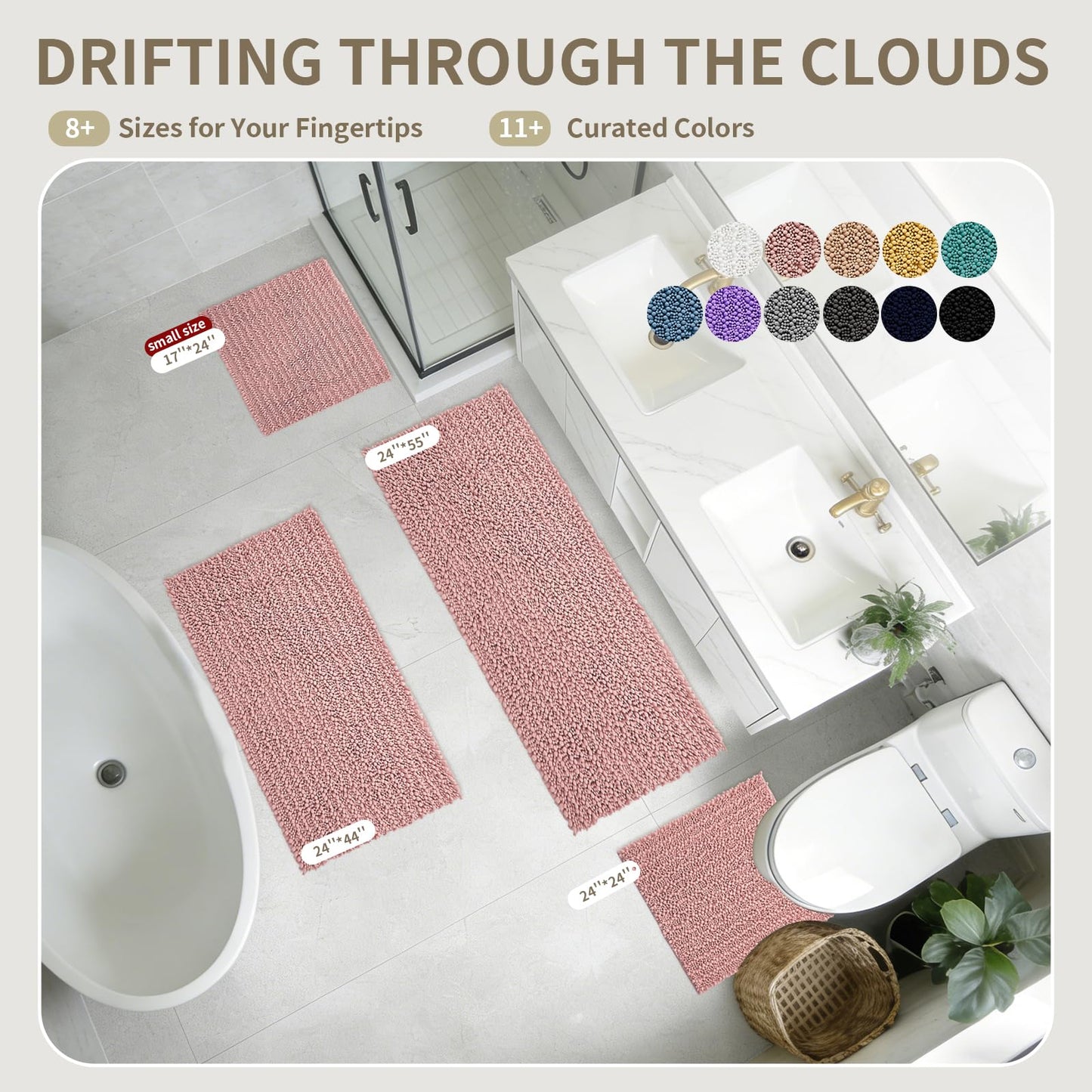 Ruggnovea Toilet Rugs U-Shaped Mat 24x24, Contour Bathroom Mat - Ultra Soft & Absorbent Chenille, Quick-Dry, Machine Washable with Non Slip Barrier Backing, Pink