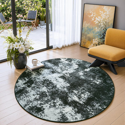 Merelax 4ft Round Black Abstract Area Rug, Washable Non Slip Circle Rug for Entryway, Kitchen, Bedroom, Bathroom, Nursery, Living Room, Thin Soft Circular Rugs Indoor Décor, Low Pile Carpet