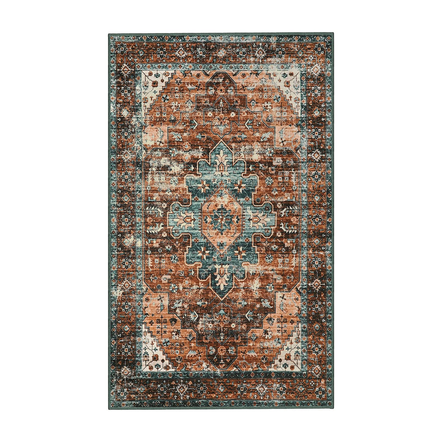 Moynesa 8x10 Ultra-Thin Vintage Area Rug - Oriental Print for Bedroom, Living Room, Under Table, Office, Entryway - Brick Red/Dull Teal