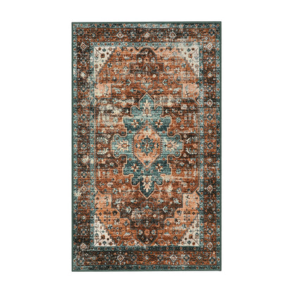 Moynesa 8x10 Ultra-Thin Vintage Area Rug - Oriental Print for Bedroom, Living Room, Under Table, Office, Entryway - Brick Red/Dull Teal