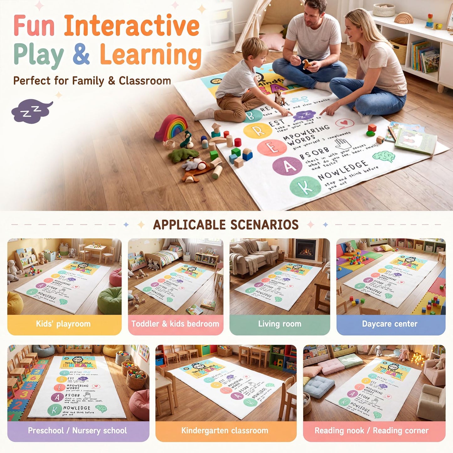 Nuanchu 3 x 5ft Classroom Rug Elementary, Calming Corner Classroom Rug, Floor Mental Health Mat Anti-Skid for Nursery Homeschool Playroom Elementary(Take A Mindful Break)