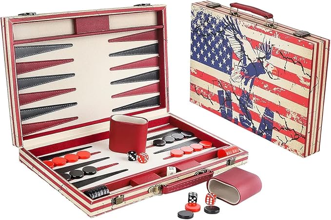 15 Inches Backgammon Sets for Adults Leather Travel Backgammon Set with American Flag Design Classic Board Game for Friends Party or Family Game Night