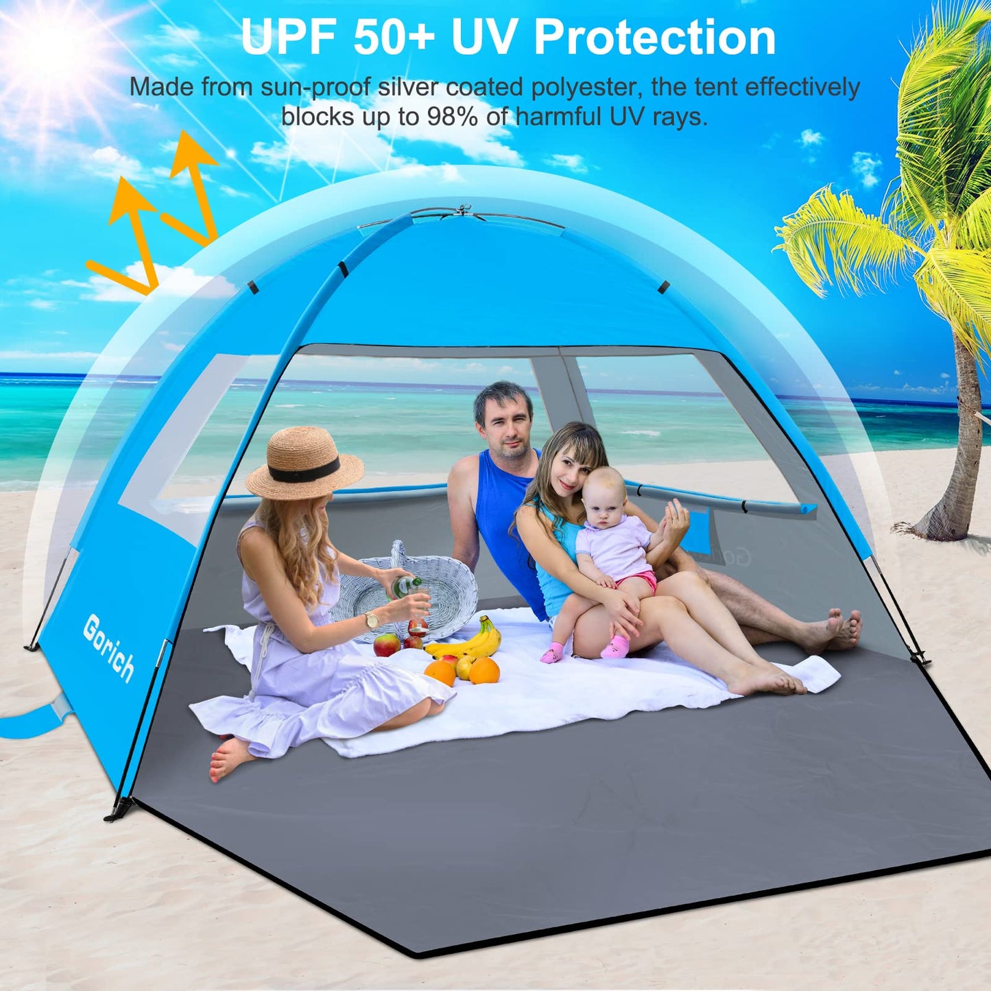 Gorich Beach Tent Sun Shelter for 3/4/6/8/10 Person with UPF 50＋ UV Protection, Lightweight & Easy Setup Beach Shade Canopy, Portable Beach Shade Tent Beach Cabana