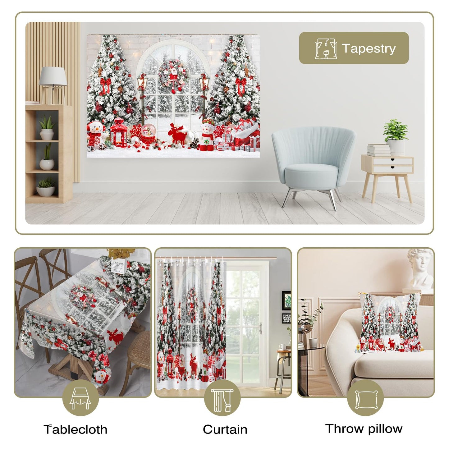 Mocsicka Classic Christmas Interior Room Photography Backdrop Red and White Christmas Tree Window Photo Background Winter Family Kids Holiday Party Banner Decorations Photo Booth Props