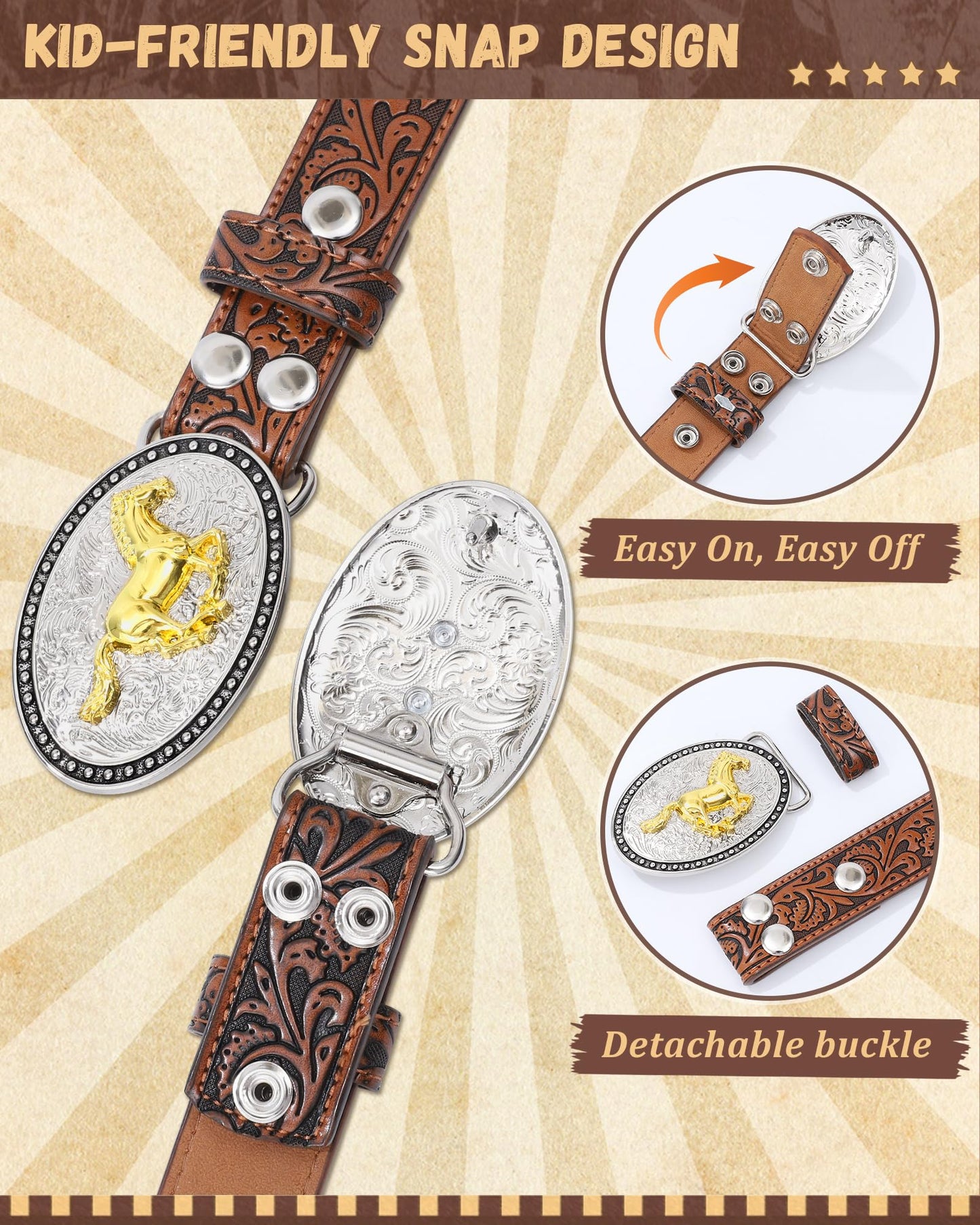 AWAYTR Kids Western Belt with Detachable Buckle - PU Leather, 3 Sizes (23"-34.5"), Adjustable for Daily Wear & Halloween (Horse Buckle-Dark Brown, Fit Waist: 23"-26")