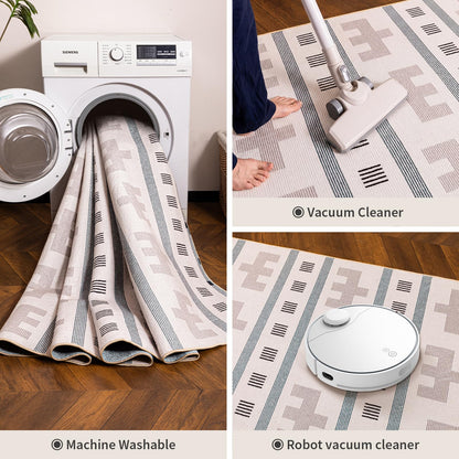 YIHOUSE Geometric Boho Area Rug - Moroccan Washable Non Slip Rug, Modern Minimalist Low Pile Rug for Living Room Bedroom Dining Kitchen, Cream Beige 6x9