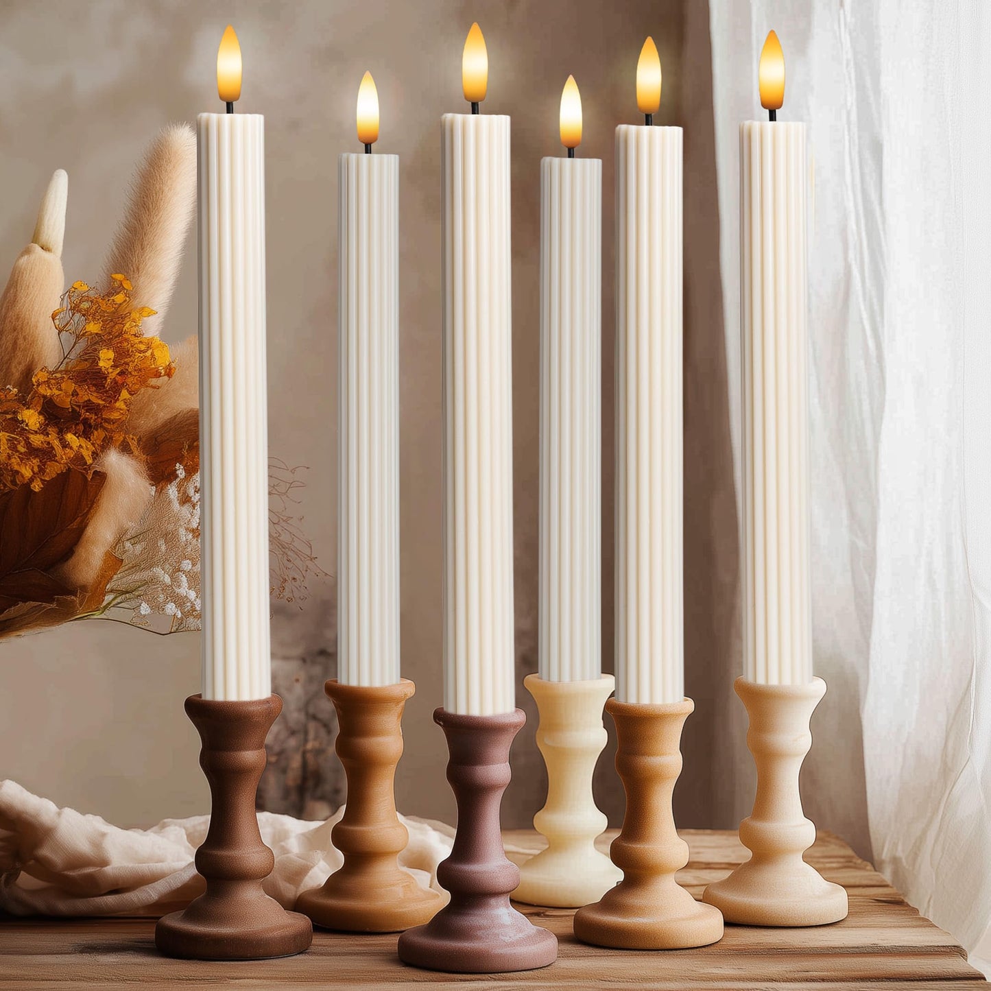 West Ivory 12 Pack, 10" LED Flameless Real Wax Cream Beige Fluted Ribbed Grooved Taper Candles, Remote & 24h Timer Memory, On/Off Button, Dimmable, Flicker Mode, Battery Operated, Wedding