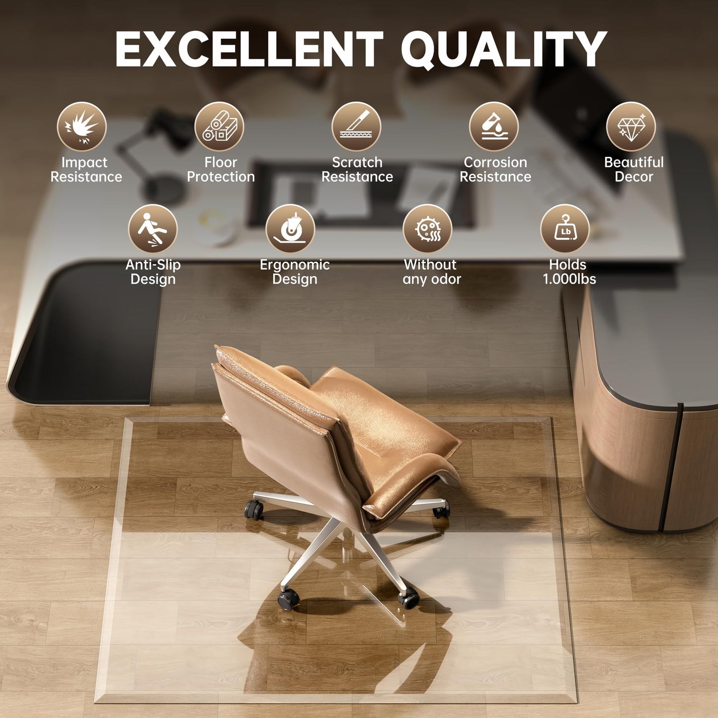 [Tempered Glass] 50“ x 44” Beveled Edge Glass Chair Mat with Polished Edge Clear Office Chair Mat, Glides Smoothly, Suitable for Carpet or Hardwood Floors