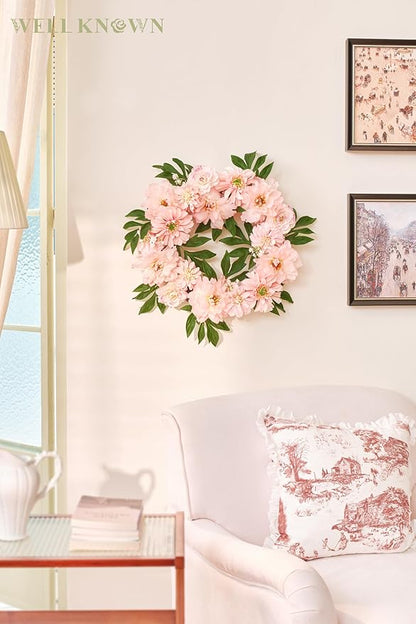 WELL KNOWN Artificial Silk Peony Flower Wreath, Fall Winter Wreaths for Front Door Porch, Wreath for Home Office Shops Wall Hanging Window Wedding Farmhouse Thanksgiving Party Decor (Blush Pink)