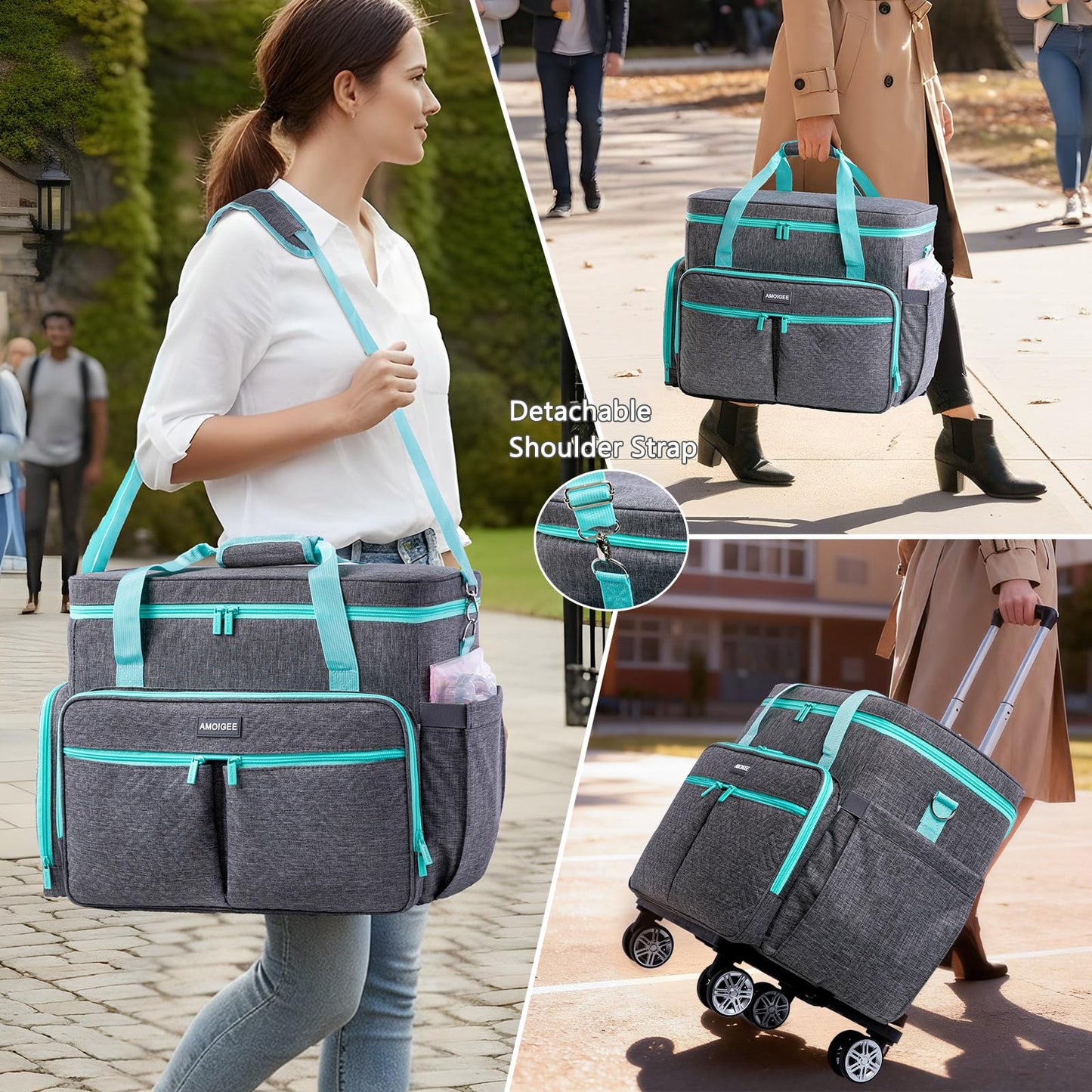 AMOIGEE Rolling Tote Bag with Wheels and Handle, Sewing Machine Case, Craft Organizer Tote for Scrapbooking Storage, Teacher Rolling Bag, Craft Supply Storage, Art Bag, Rolling Cart for Teachers