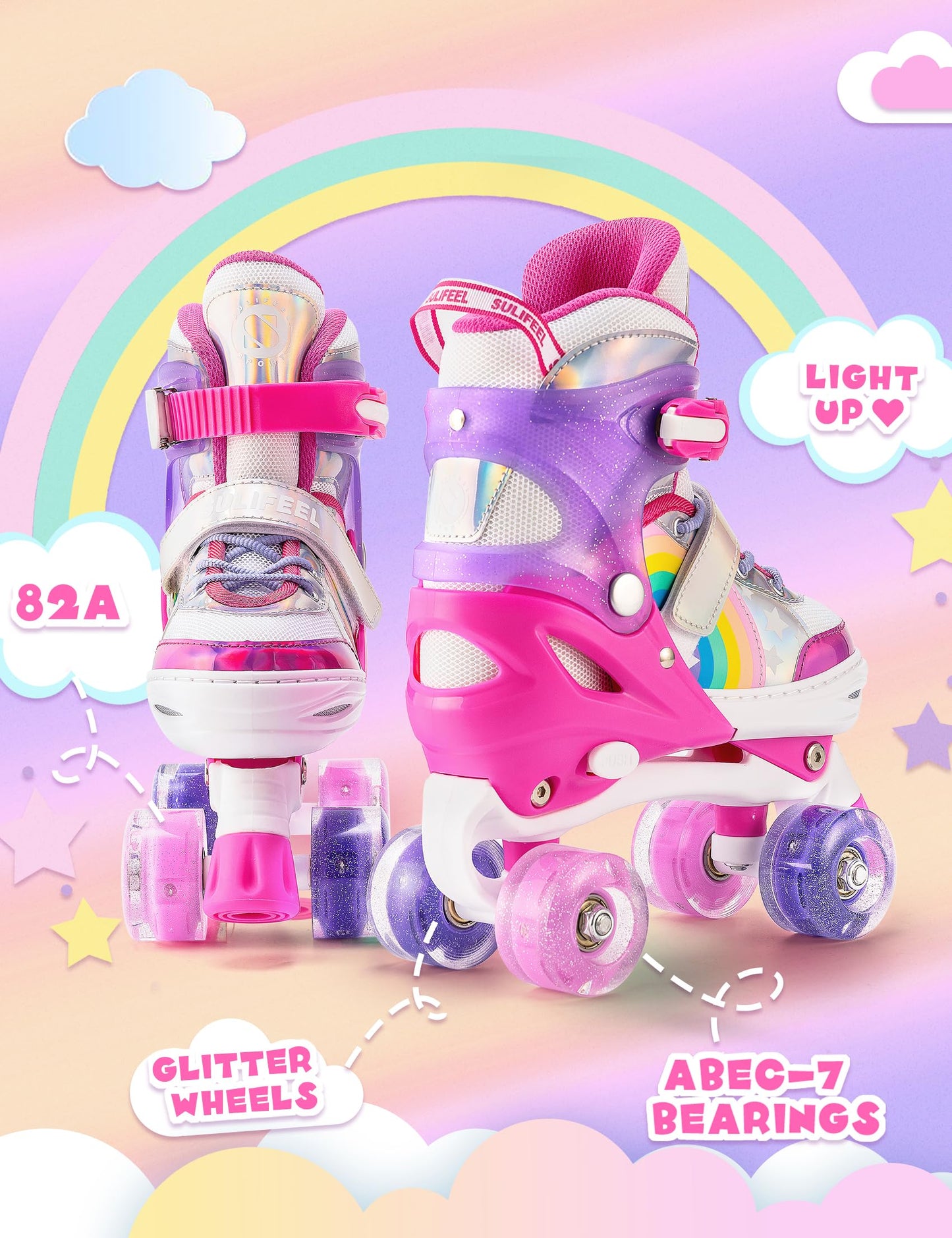 SULIFEEL Rainbow Unicorn 4 Size Adjustable Light up Roller Skates for Girls Boys for Kids Beginners Rollerskates Pink Large