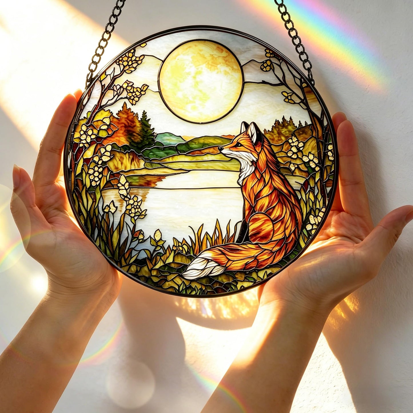 Stained Glass Window Hanging, 7.8 Inch Fox Stained Glass Suncatcher, Woodland Animal Window Decor, Sun Catchers Indoor Window Ornament, Fox Lover Gift, Gifts for Mother's Day, Father's Day & Birthday
