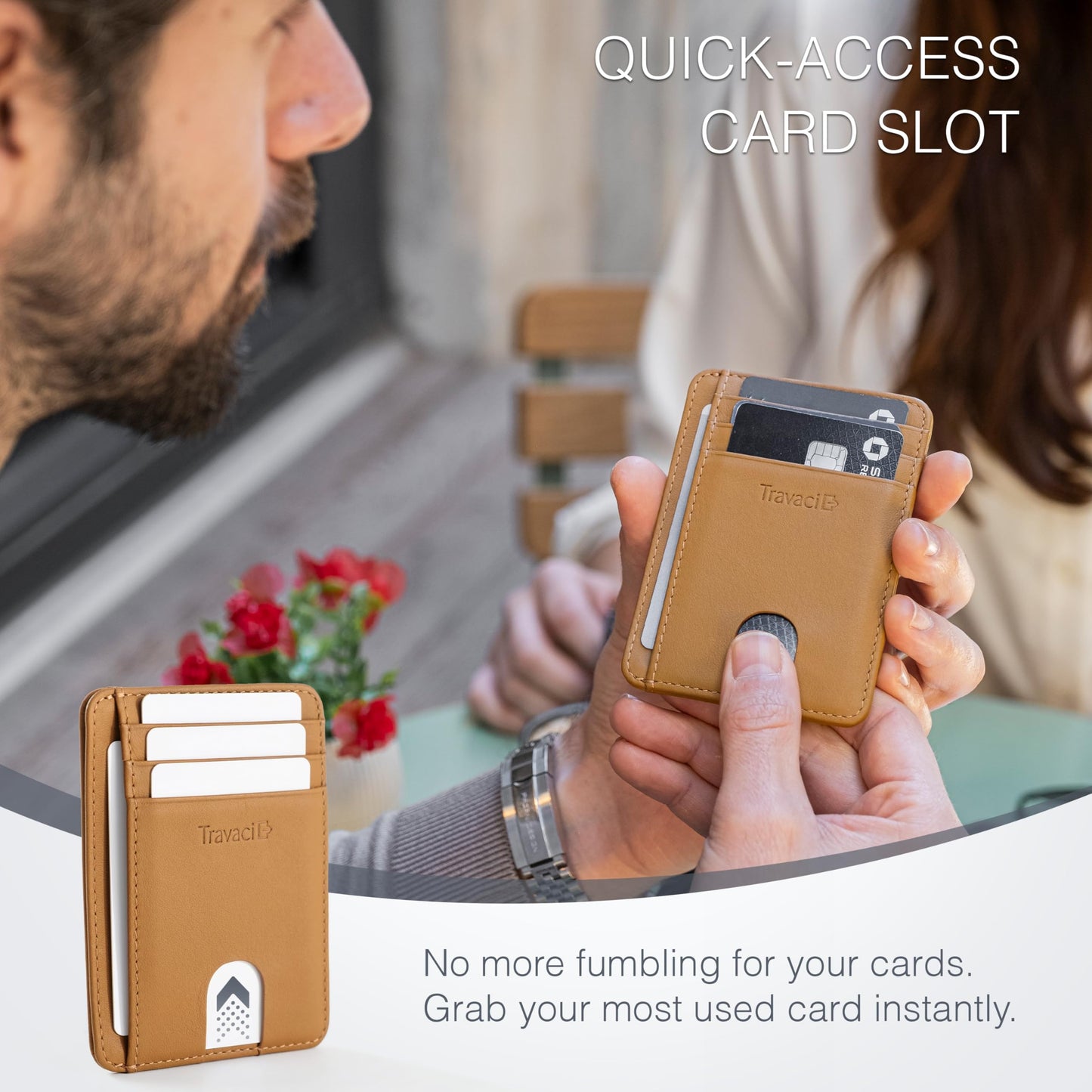 Travaci Full Grain Leather Slim Wallet for Men and Women - Small Minimalist Wallet and Leather Card Holder - Thin Front Pocket Credit Card Holder - Camel