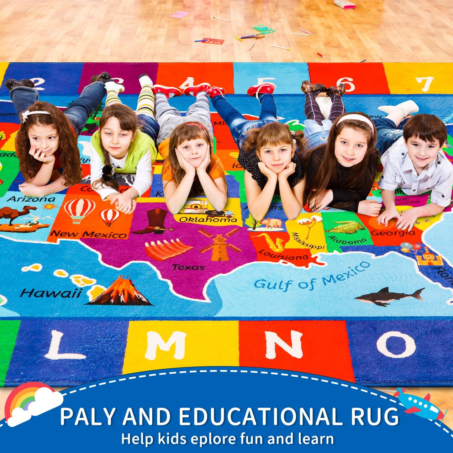 LTKOUGFAM USA Map ABC Kid Rug 39.4" × 63" for Playroom Geography Classroom Rug Educational Kids Playmat Alphabet Mat for Primary School Fluffy Ployester Non-Slip Preschool Carpet for Room