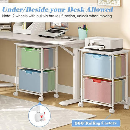 Sbanmao Letter/Legal Rolling File Cabinet, Rolling File Cart with 2 Drawers Filing Cabinet for Home Office, Hanging File Folders Organizer for Under Desk Storage, Mobile Printer Stand, White