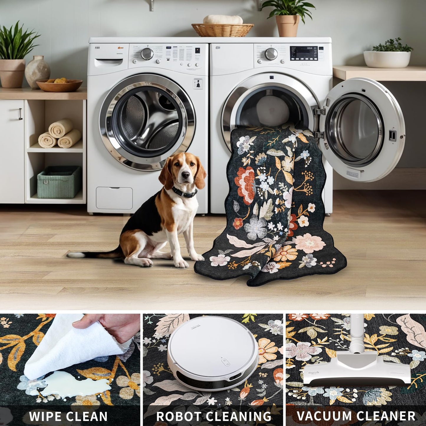 3x12ft Long Hallway Runner Rug - Non Slip Washable Floral Floor Runner for Kitchen Entryway Bathroom，Boho Low Pile Thin Rubber Backed Scalloped Carpet Runner (Black, 3x12)