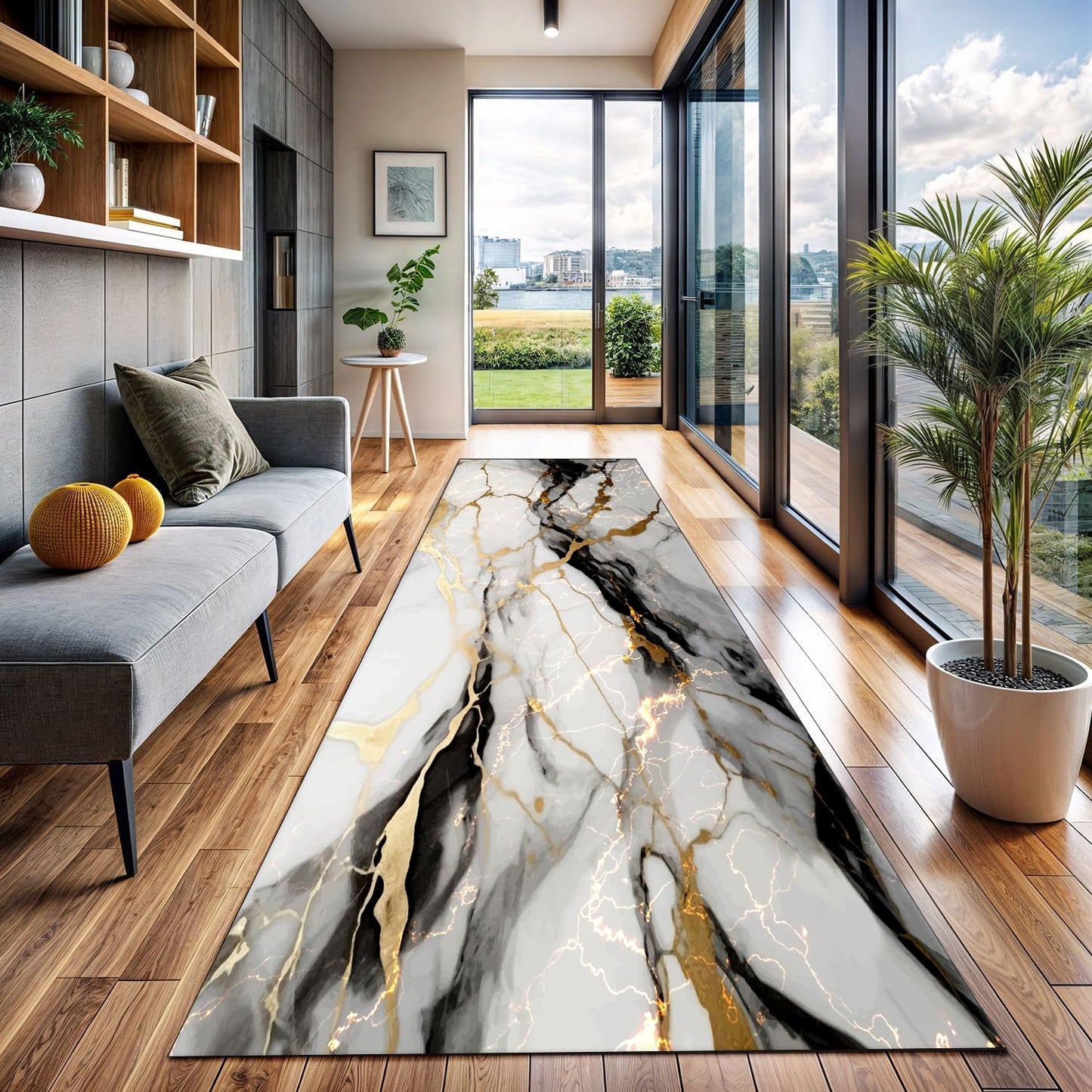 White Marble Runner Rug,2x6ft, Black Gray Gold Texture Design Long Kitchen Mats Rug, Light Luxury Modern Abstract Art Entrance Marble Rugs, for Indoor Floor Non-Slip Laundry Room Carpet