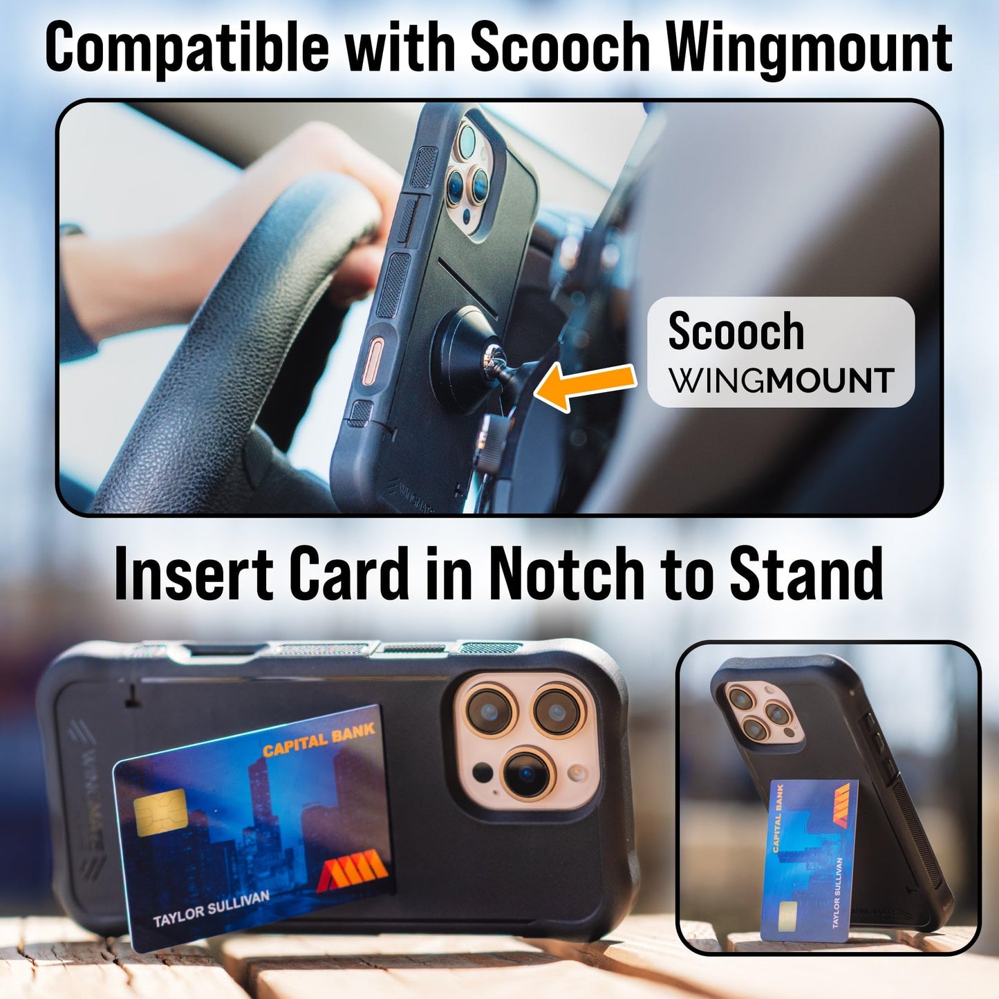Scooch for Samsung Galaxy S24 Ultra Case with Card Holder, Wingmate Wallet Case with Hidden Card Slot and RFID Protection, Holds up to 4 Cards, 10-Foot Drop Protection, Black
