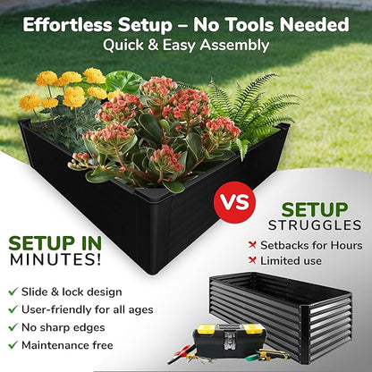 Raised Garden Bed - 4x4 ft Planter Box - Black HDPE - No Tools Needed - DIY Kit for Urban Gardening, Flowers, Herbs & Vegetables - Made in The USA
