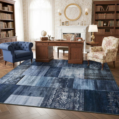 DweIke Washable Area Rugs 6x9 for Living Room, Large Modern Geometric Navy Blue Soft Patchwork Carpet, Non-Slip Stain Resistant Throw Rug for Bedroom Dining Room Office Home Decor