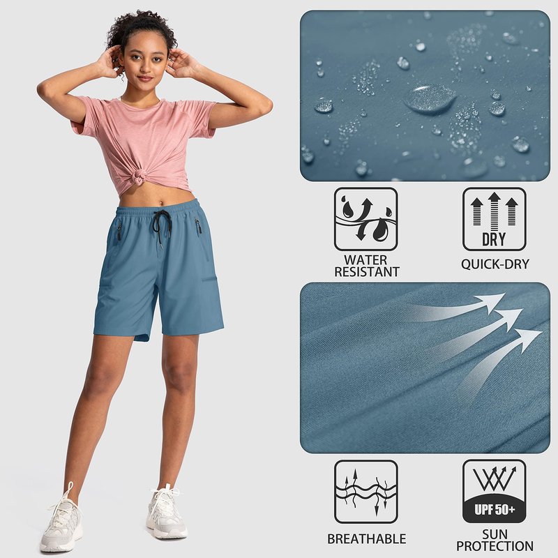 SANTINY Women's 5''/ 7''/9'' Hiking Cargo Shorts Quick Dry Lightweight Summer Shorts for Women Athletic Golf Zipper Pockets(Blue_L)