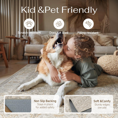 WondRg 8x10 Washable Area Rug for Living Room Bedroom Taupe Low Pile Non Slip Rug Neutral Distressed Carpet Dining Room Classroom Playroom Home Decor