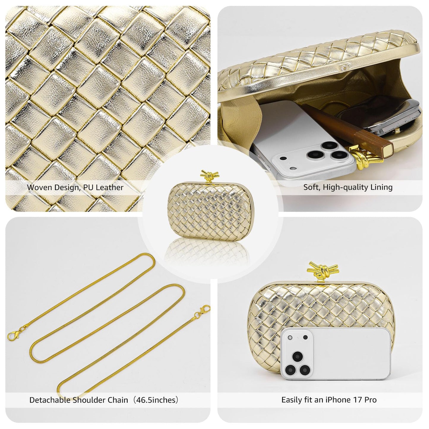 AIBAOWU Woven Clutch Purses for Women Gold PU Leather Evening Bag for Wedding Formal Clutch Bride Purses Party Prom