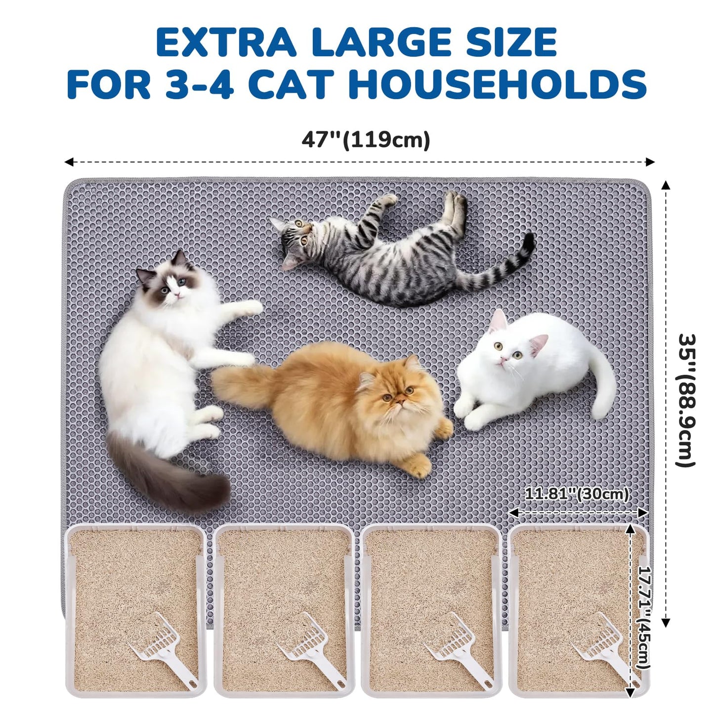 BurgeonNest Cat Litter Mat 47" x 35" Upgraded Felt & Fabric Material Cat Trapping Mat for Fewer Creases, Extra Large Hold 3-4 Litter Boxes Urine-Proof Non Slip, Machine Washable, Soft on Paws, Grey