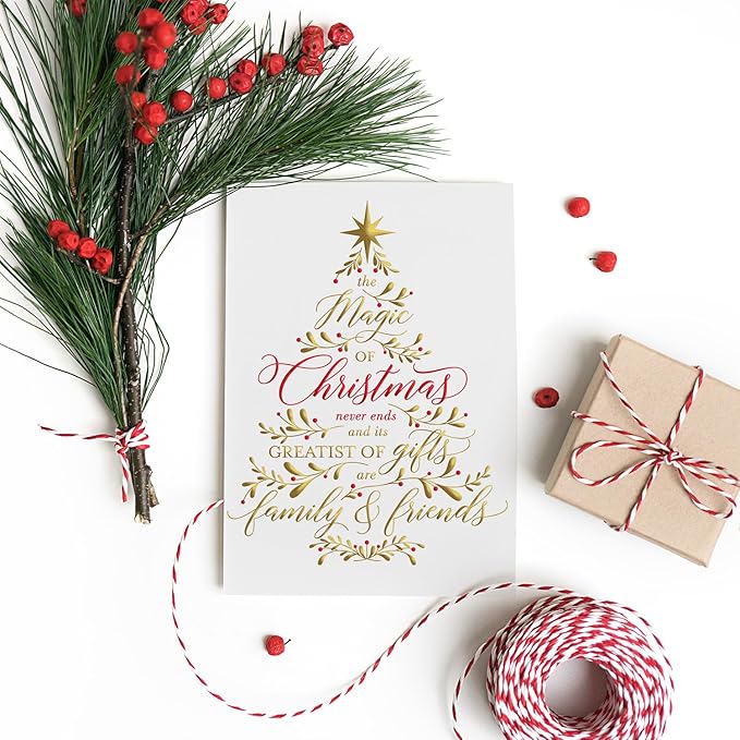Masterpiece Believe In The Magic Of Christmas Cards / 15 Boxed Holiday Card Set With Shiny Foil Accents And Coordinating Red Foil Lined Envelopes / 5 5/8" x 7 7/8" Folded Winter Christmas Tree Family