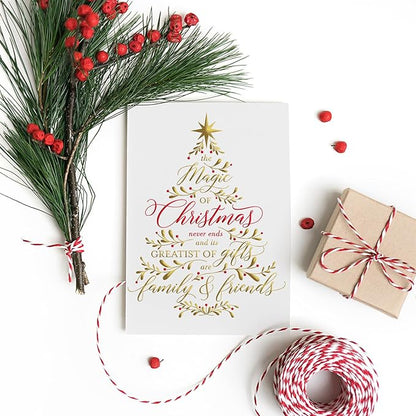 Masterpiece Believe In The Magic Of Christmas Cards / 15 Boxed Holiday Card Set With Shiny Foil Accents And Coordinating Red Foil Lined Envelopes / 5 5/8" x 7 7/8" Folded Winter Christmas Tree Family