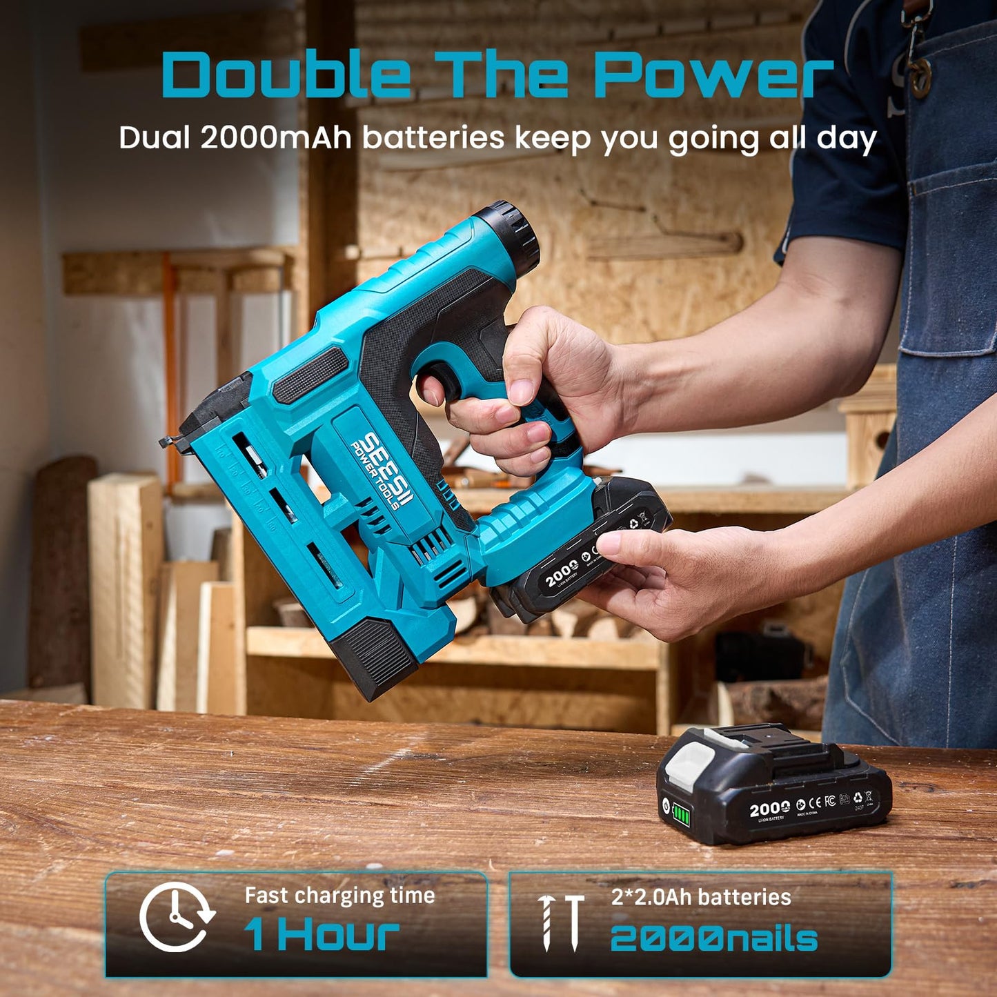 SEESII 18 Gauge Cordless Brad Nailer and Stapler Gun for Drywall, 20V 2-in-1 Electric Nail Gun with 2 Batteries, 1000pcs Nails & Staples, Adjustable Depth for Wood, Upholstery & DIY Projects