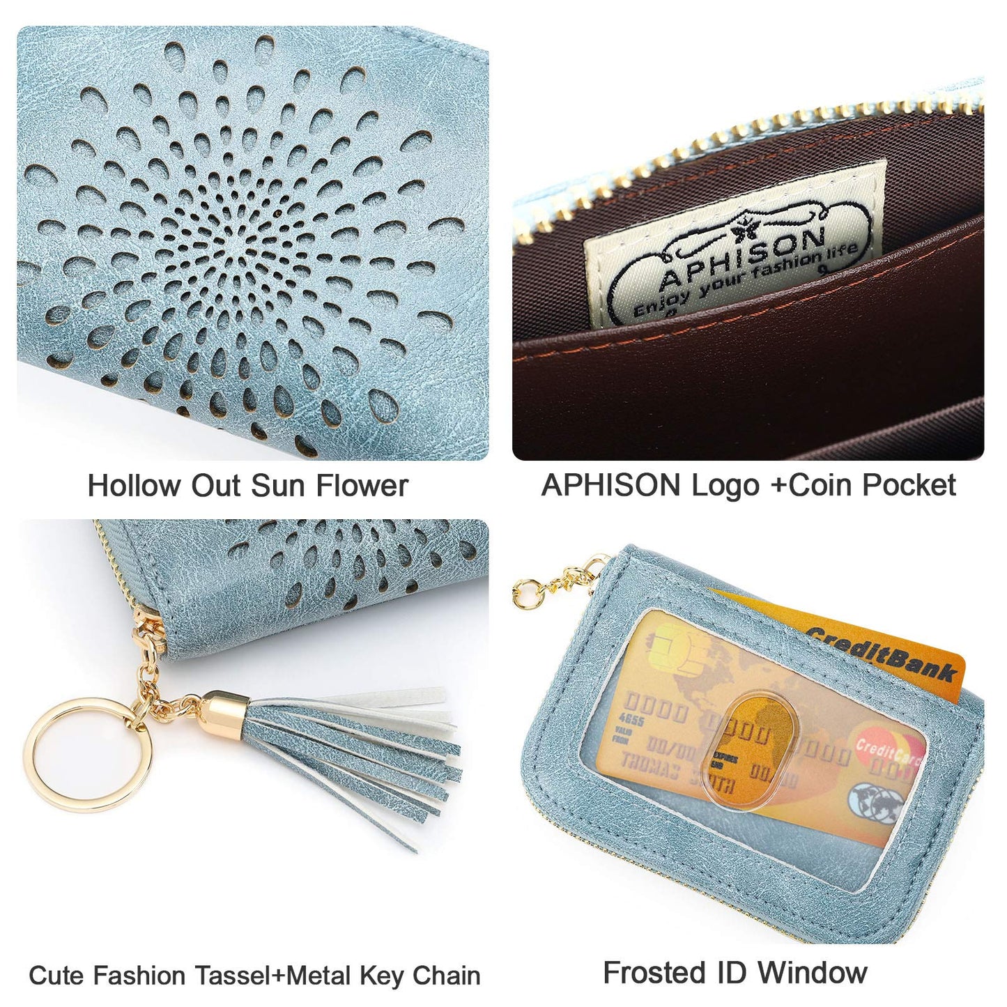 APHISON RFID Credit Card Holder Zipper Card Case Keychain Small Wallet for Women 1927 BLUE