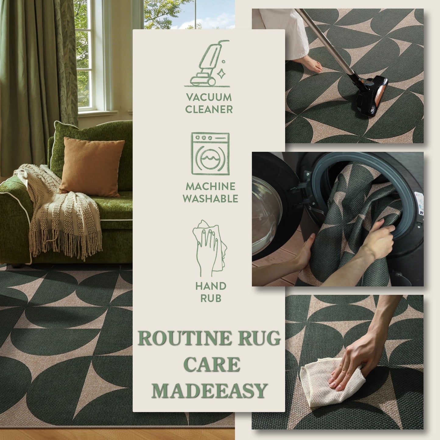 Lahome Green Semi Circle Easy Jute Rug, 3x5 Washable Outdoor Rug for Entryway, Non Slip Non Shedding Floor Carpet for Indoor Entrance Patio Front Door Porch Living Room