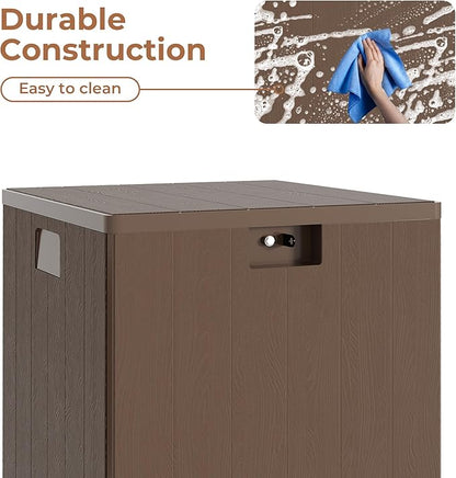 28 gal Brown Resin Deck Box, Outdoor Storage Box Waterproof Lockable, Patio Square Deck Box For Package Delivery, Outside Storage Box Container for Furniture Cushions, Garden Tools, Pool Accessories