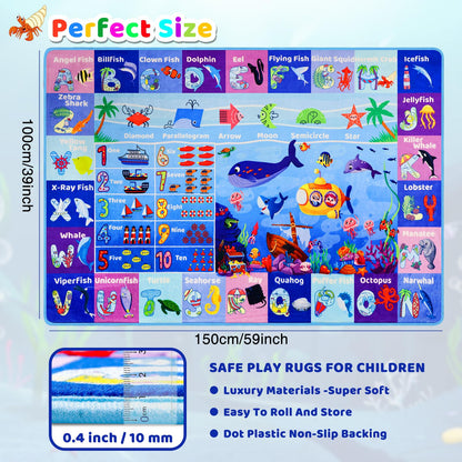 Mfmiudole Ocean Educational Kids Learning Rug with ABC Alphabet, Sea Animals, Numbers & Shapes, Interactive Preschool Play Carpet for Classroom Nursery Homeschool, Non-Slip Rug, 5' x 3'3"