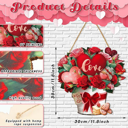 Boao Welcome Valentine's Day Wooden Hanging Sign Farmhouse Door Decor Vintage Valentine's Day Wood Red Love Door Sign Rustic Wall Plaque Ornaments for Window Wall Porch
