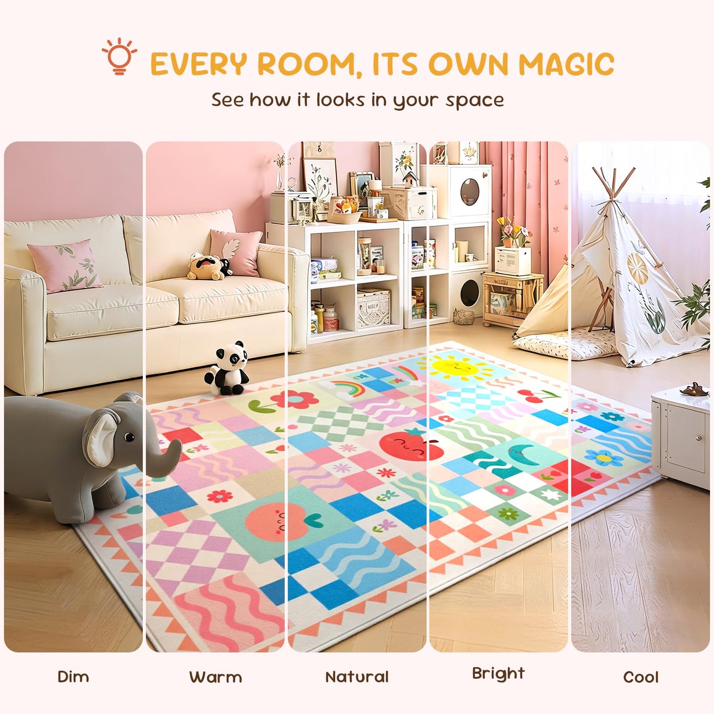 3x5 Washable Kid Bedroom Rug for Girls, Pink Baby Nursery Area Rug, Soft Non-Slip Toddler Playroom Carpet, Cute Colorful Strawberry Fruit Rainbow Checkered
