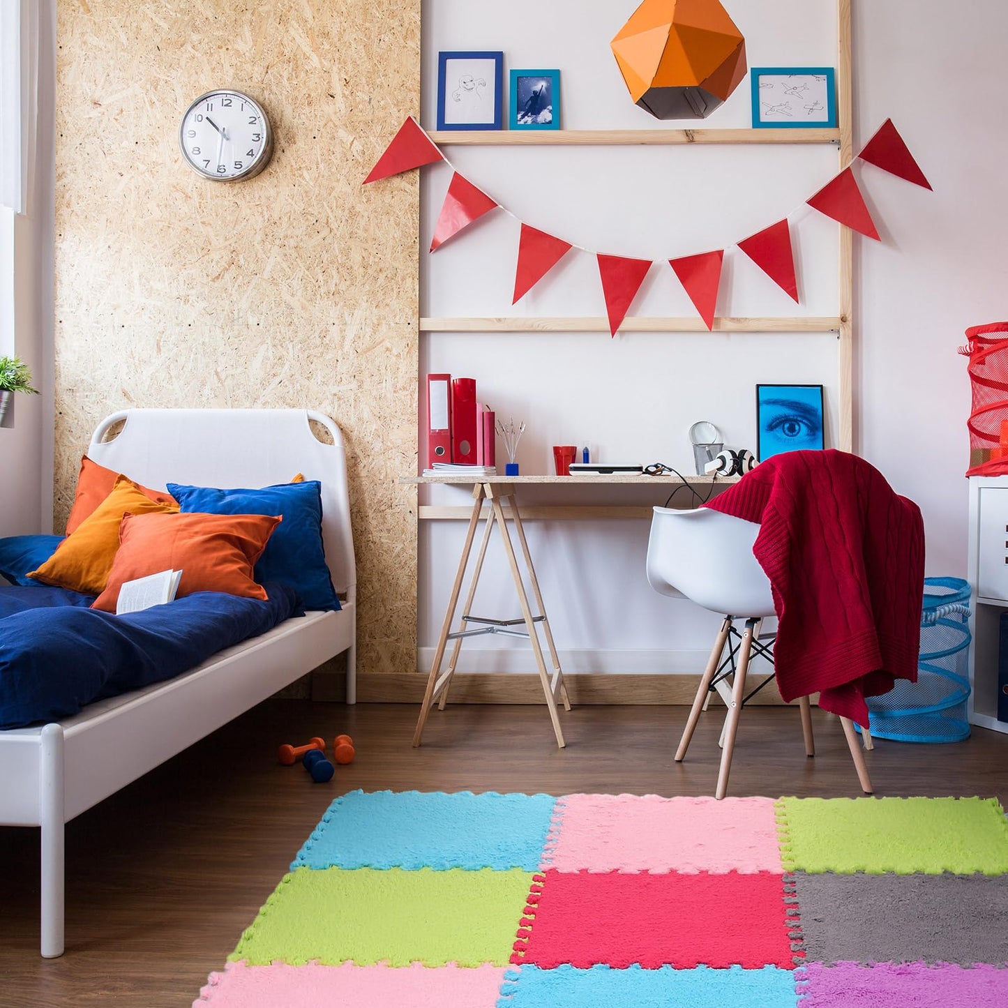 Timgle 18 Pcs Interlocking Carpet Plush Foam Shaggy Soft Square Carpet Tiles with Border 12" Fluffy Colorful Floor Mats 0.4" Thick Protective Puzzle Playroom Area Rug Playmat for Bedroom
