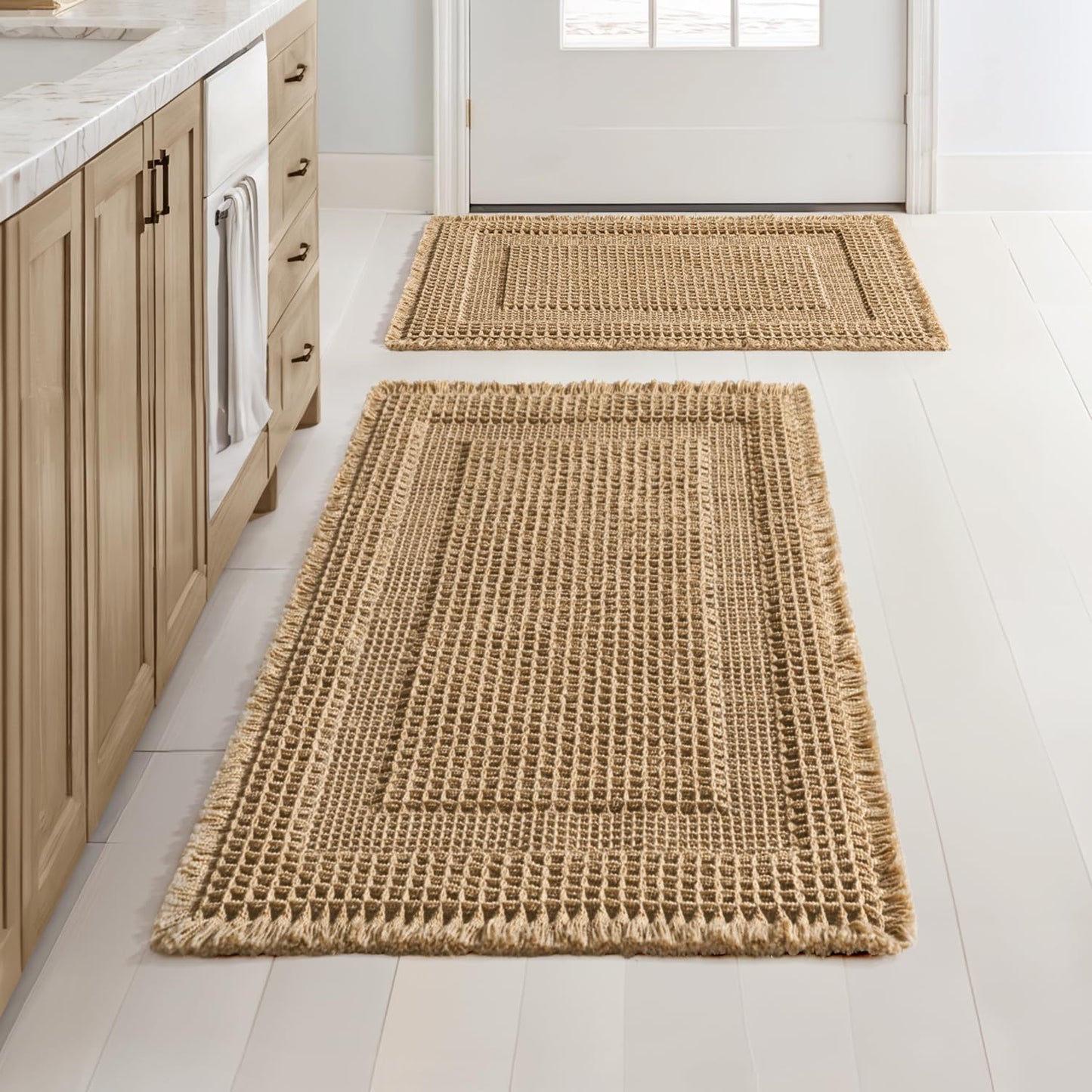 MIULEE Set of 2 Waffle Bathroom Rugs, Boho Bath Rug Super Absorbent, Non Slip Washable Ultra Soft Rubber Backed Shower Bath Mats for Floor, Tub, Shower, Looped Design, Brown, 17"x24"+18"x30"