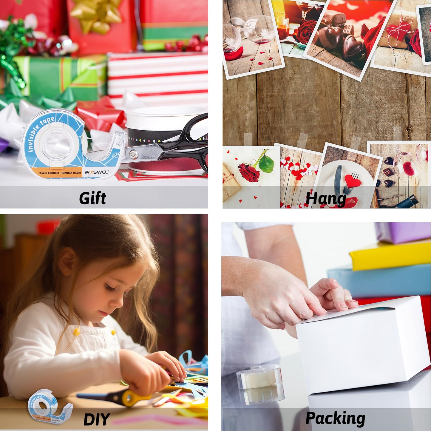 WOSWEL Tape Refills with Dispenser, 36 Roll Invisible Tapes, 3/4 Inch X 600 in, Gift Wrapping Tapes Supplier for Home School Office Use