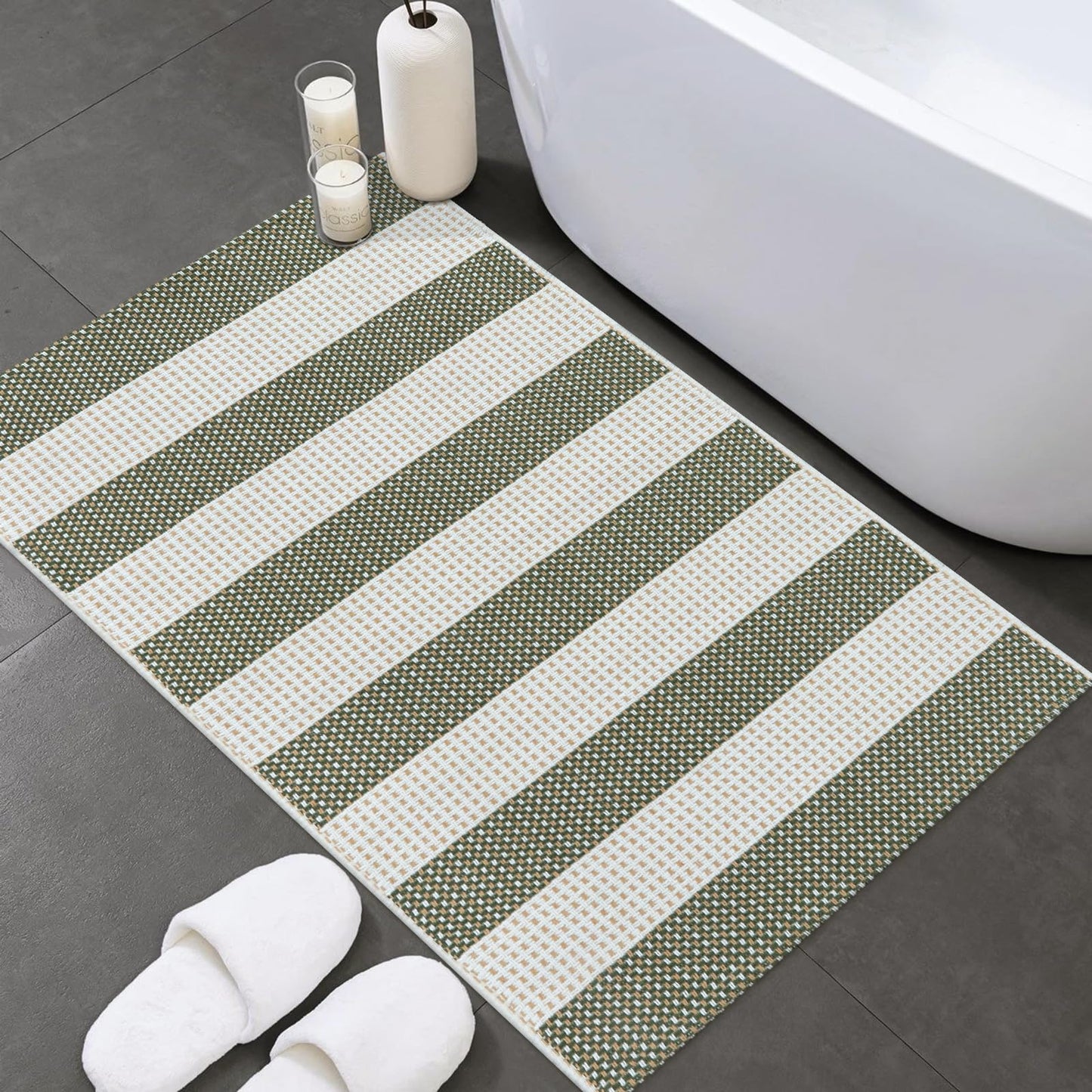 Sungea Green and White Striped Rug-2x3 Front Door Mat Outdoor,Washable Reversible Porch Rug Cotton Hand-Woven Spring Doormat, Foldable Layered Door Mats for Entryway/Farmhouse