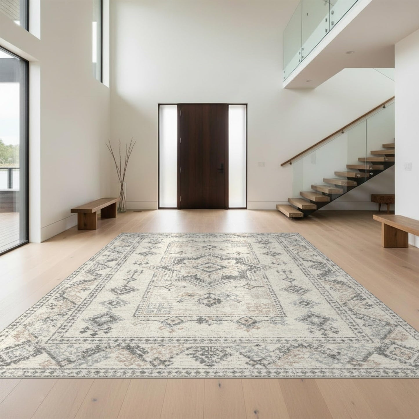 Design&I 8'x10' Washable Area Rug Traditional Medallion Centerpiece Rectangular Border Panel Design for Dining Room, Large Office, Lounge, Snag-Free Chair-Friendly Large