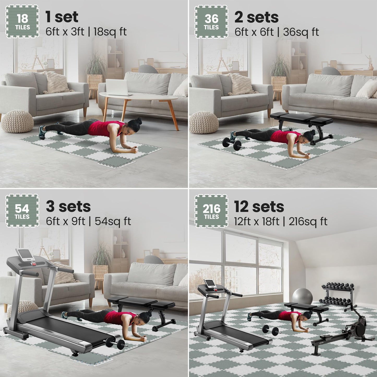 bemaxx Gym Mats Set - 18 pcs EVA Interlocking Foam Floor Tiles (12.6"x12.6"x0.4") 18sqft Protective Gym Flooring Sports Home Workout Exercise Mats Puzzle Garage Fitness Play-Room Pool Treadmill Bike