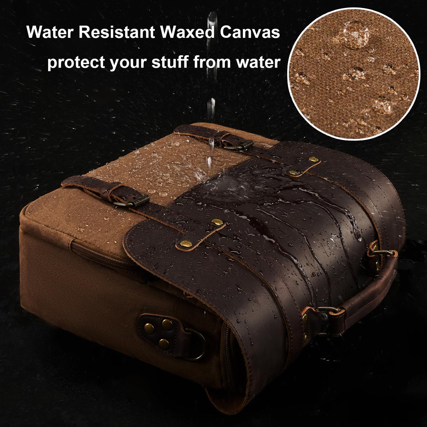 Men's Messenger Bag Waxed Canvas Briefcase 16 Inch Vintage Genuine Leather Computer Laptop Bags Waterproof Satchel Shoulder Bag for Work/Business/Office