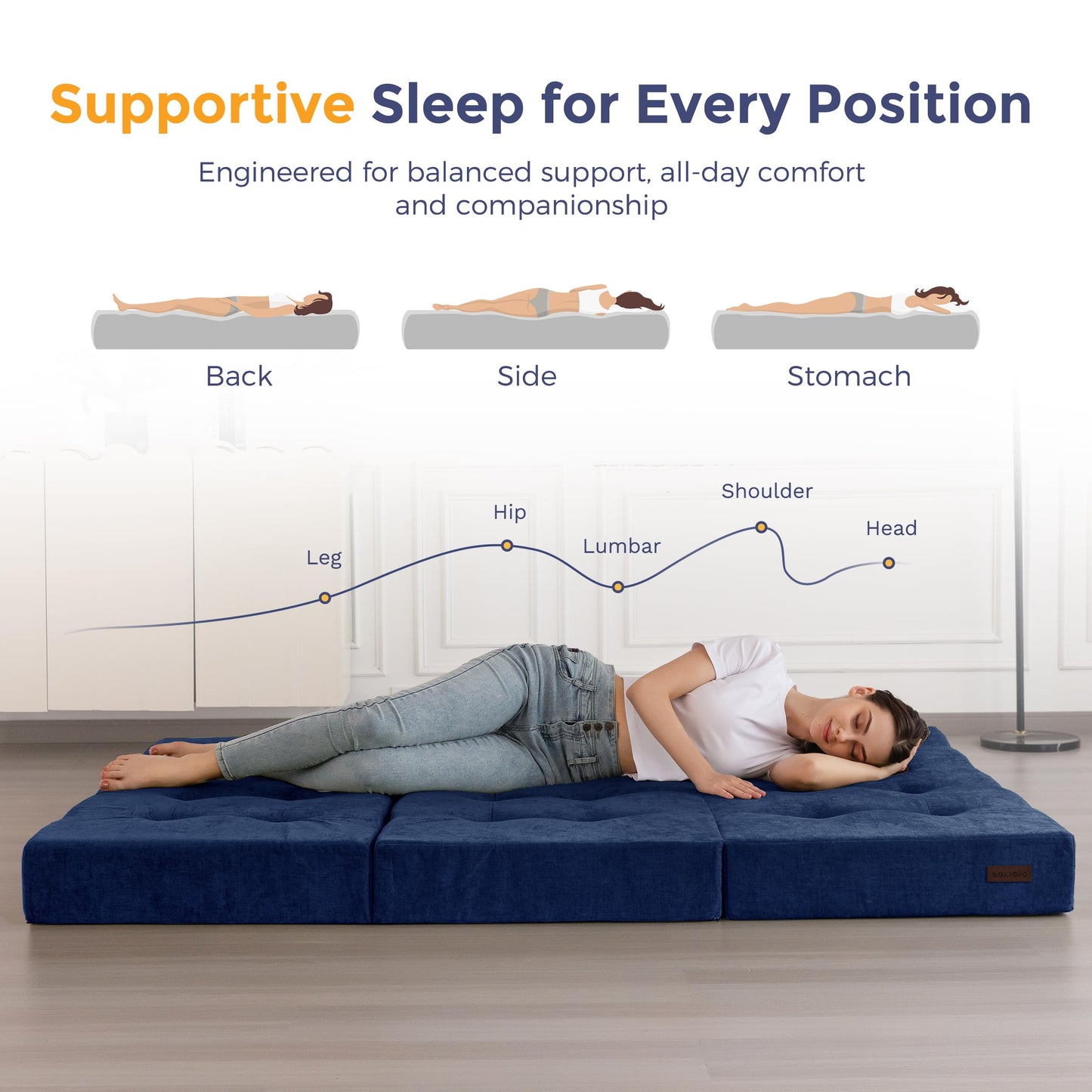 MAXYOYO 6" Folding Sofa Bed for Floor, Tufted Tri-Fold Floor Mattress with Chenille Fabric, Queen Size Portable Sofa Couch Guest Mat for Adults, Foldable Topper for Camping, Navy, 59"x78.7"