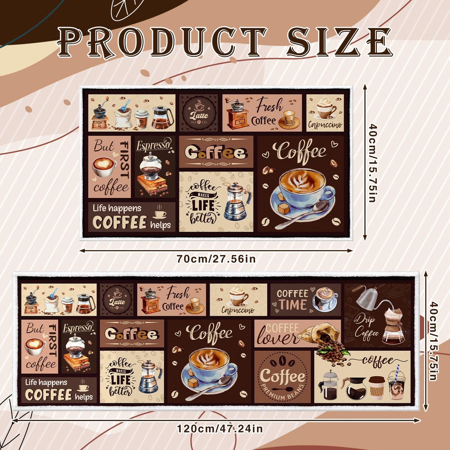 InIsaJace Coffee Kitchen Mats for Floor Rugs for Kitchen Floor Fatigue Mat 2 Piece Set Absorbent and Washable Runner Rugs Farmhouse Style Non Slip Kitchen Rug, 15x27+15x47 Inch