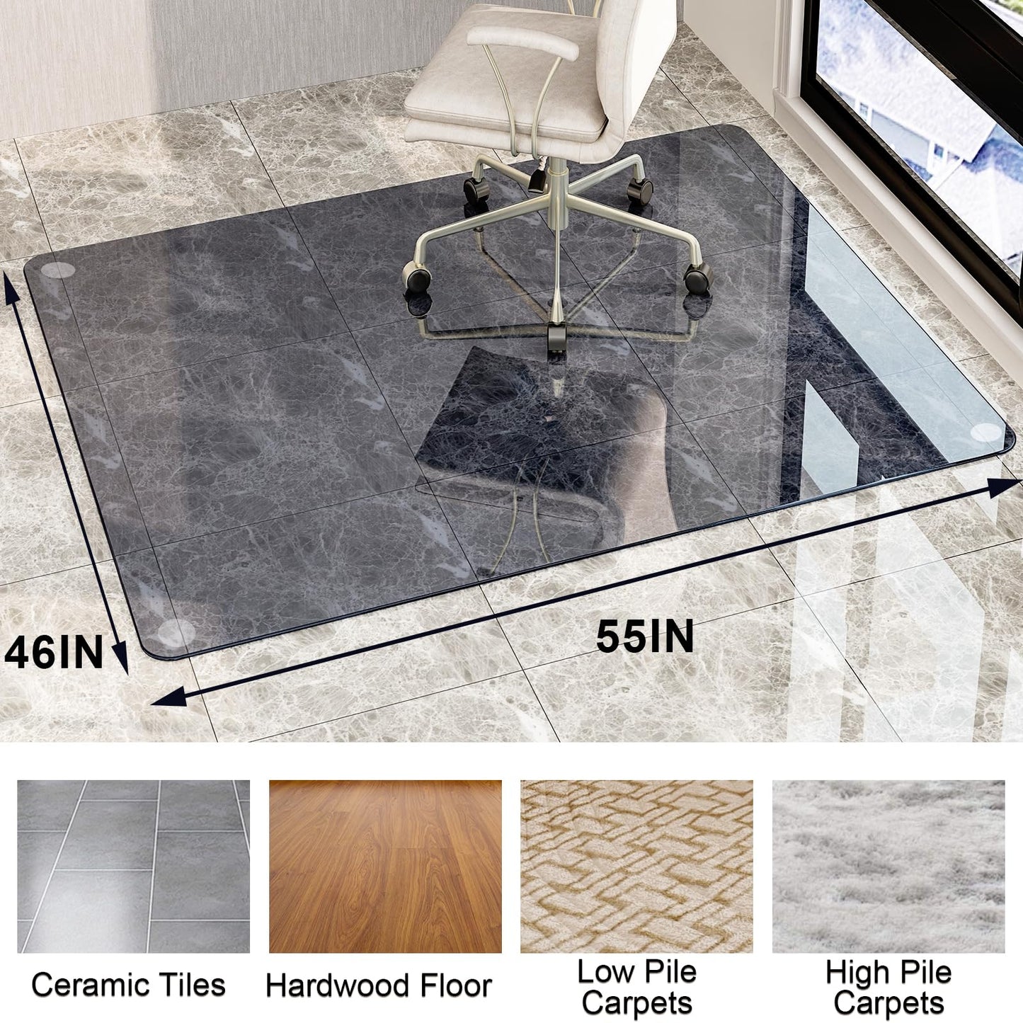 GLSLAND 46" × 55" [Tempered Glass] Chair Mat – Durable Office Chair Mat on Carpet with 0.2" Thickness, 4 Non‑Slip Pads, Sleek & Sturdy Matte Gray Finish, Smooth Glide & Easy Clean, Blue & Grey